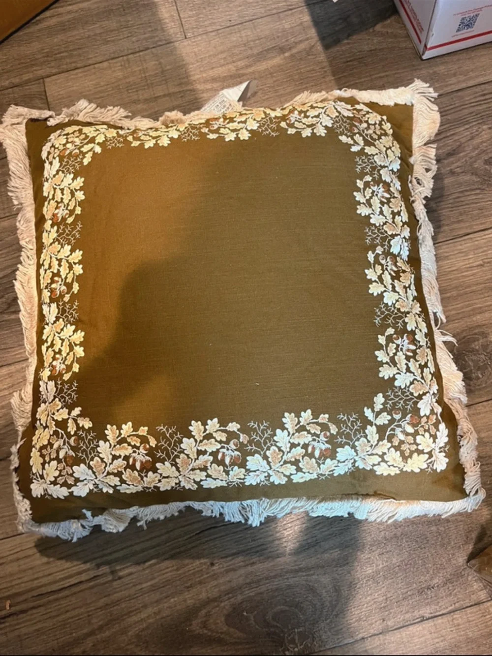Embroidered Fringe Decorative Pillow - Olive with Cream Floral Trim